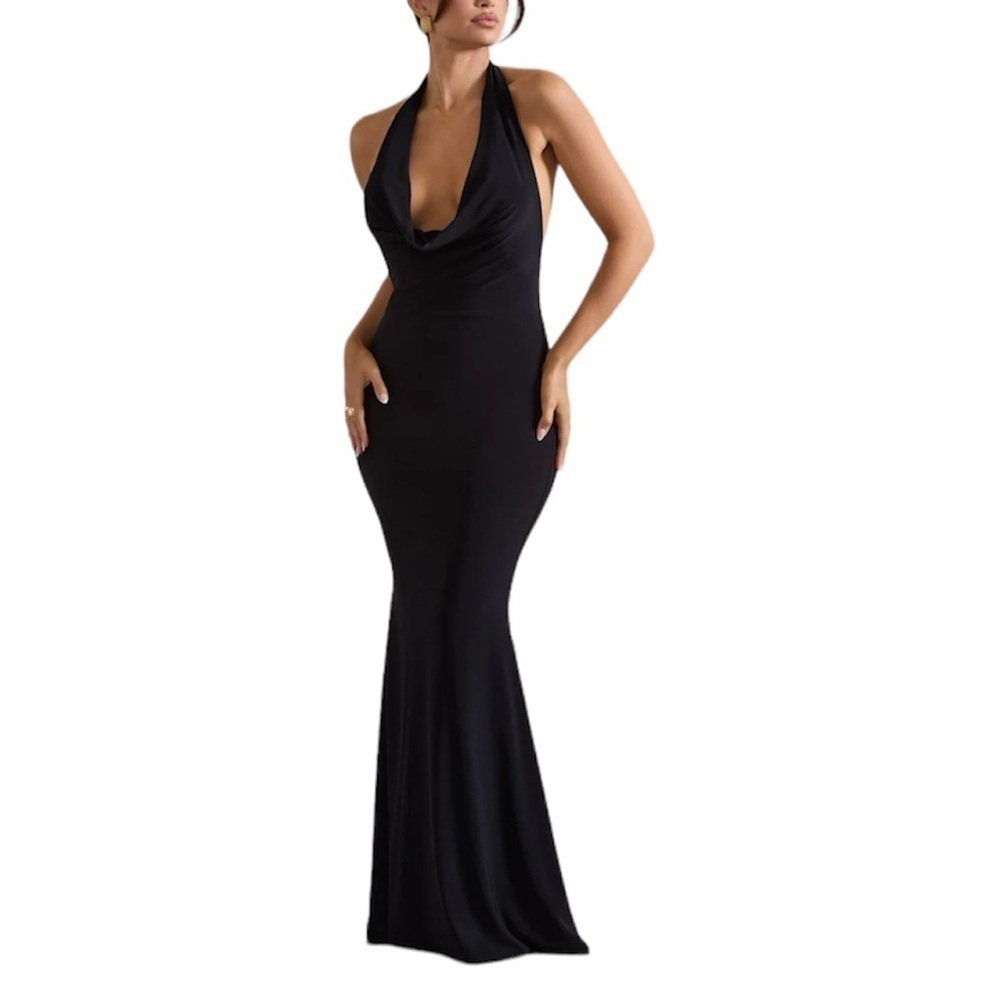 Club L London- NWT Black Stretch Scoop Cowl Neck Halter Mullet Maxi Dress